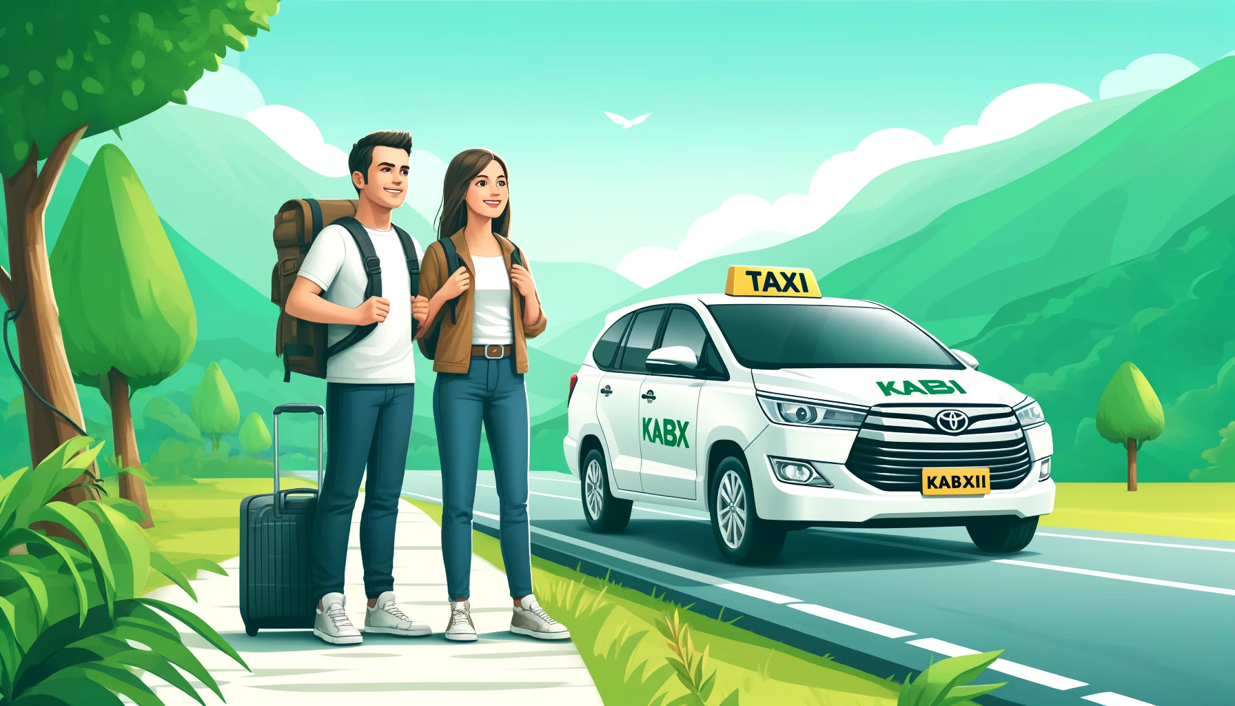 Tourists with backpacks and luggage waiting beside a Kabxi taxi in Nagaland, ready for a scenic outstation trip