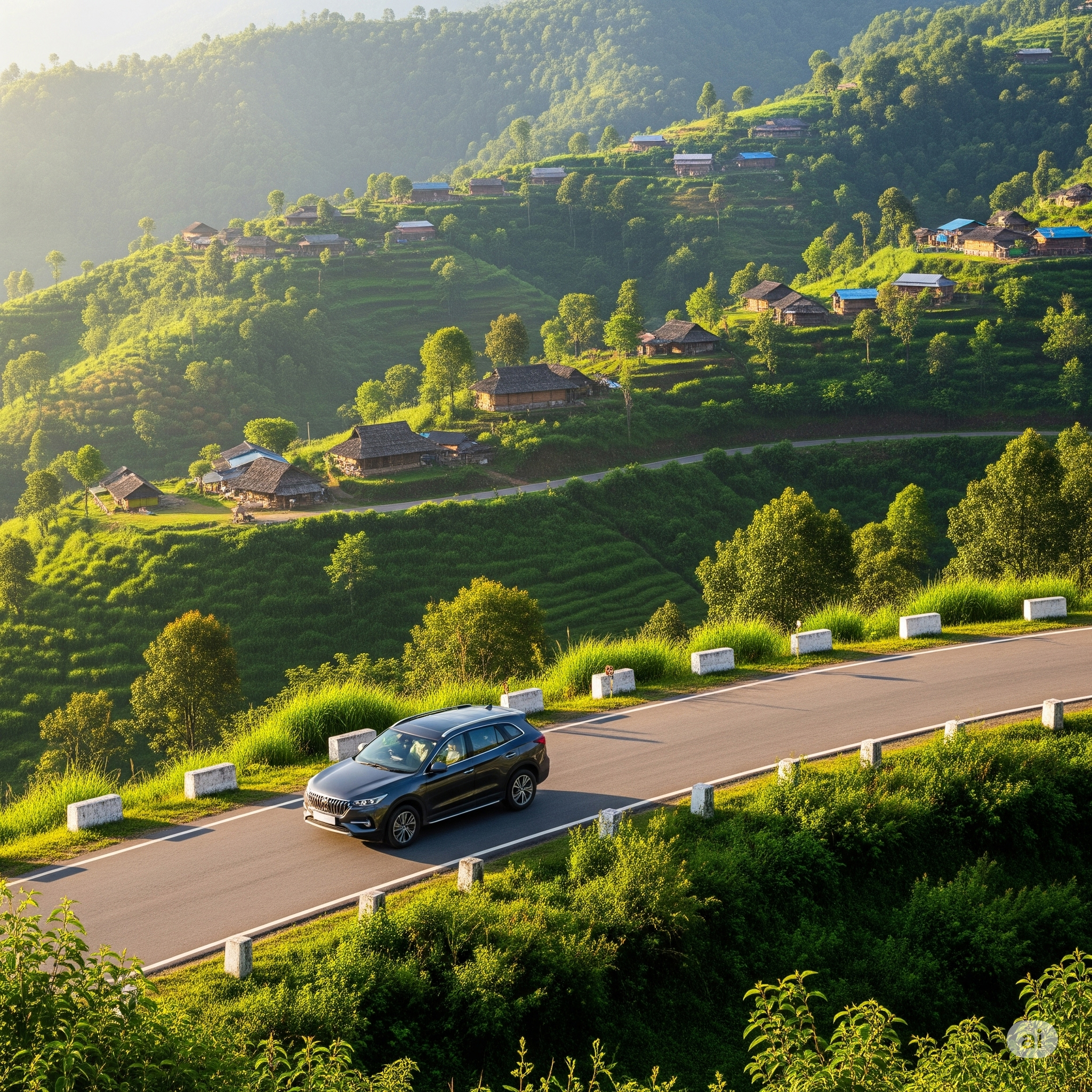 A dark grey car driving on a winding road through lush green hills with traditional Naga villages scattered on the slopes, symbolizing travel in Nagaland with Kabxi.
