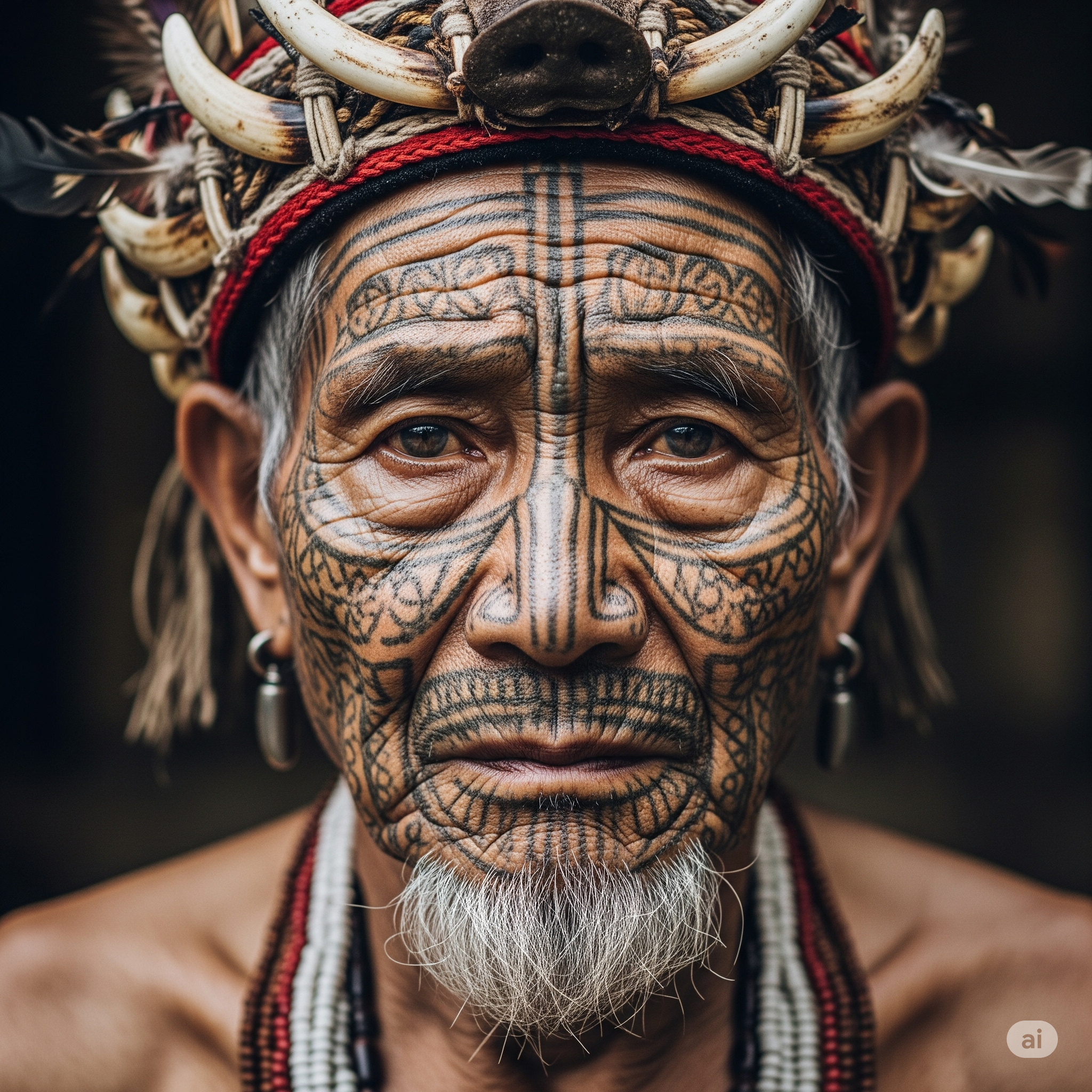 An elderly Konyak headhunter from Nagaland with traditional facial tattoos and a ceremonial headdress.