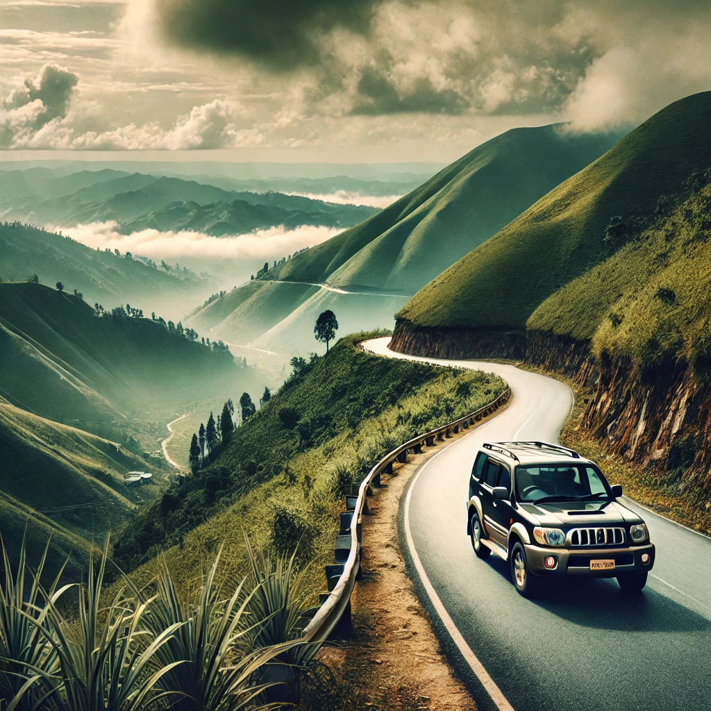 A Kabxi self-drive rental vehicle traveling through the winding mountain roads of Nagaland, surrounded by lush green hills and misty clouds, showcasing the ultimate road trip experience.