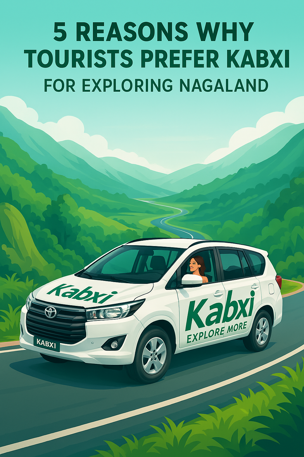 Kabxi self-drive rental SUV on a winding mountain road in Nagaland with a tourist enjoying the scenic view of lush green hills and peaceful landscapes.